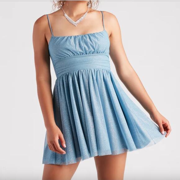 Windsor Dresses & Skirts - Windsor S Baby Blue Glitter Tulle Mesh Fit Flare Skater Ruched Short Mini Dress